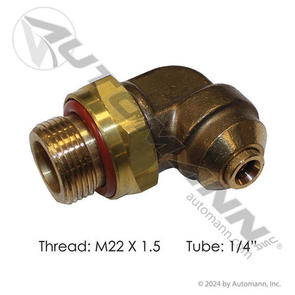 Brass Push-to-Connect (PLC) Male Swivel Elbow - 1/4" Tube x M22 x 1.5 - Volvo 3180102 Parker 169PTCNSL-4-M22 177.13B694M22 177.13B694M22 - Automann - FLEETPRO PARTS & TIRES