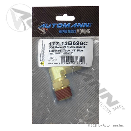 Brass Push-to-Connect (PLC) Male Swivel Elbow 90 Degree - 3/8" Tube x 3/8" NPT - Eaton 1869X6X6S Parker 169PMT66 177.13B696C 177.13B696C - Automann - FLEETPRO PARTS & TIRES