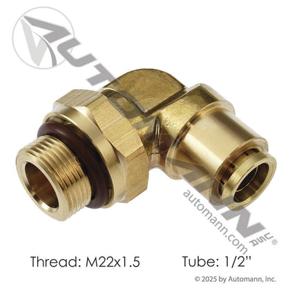 Brass Push-Lock Male Swivel Elbow - 1/2in Tube x M22 x 1.5 Metric Thread - Volvo 20462690 Haldex APM69S8XM22 177.13B698M22 177.13B698M22 - Automann - FLEETPRO PARTS & TIRES