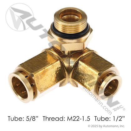 Brass Push-Lock 3-Way Air Adapter - M22 x 1.5 Thread x 1/2in x 5/8in PLC - IHC 3819960C1 177.13B79108M22 177.13B79108M22 - Automann - FLEETPRO PARTS & TIRES