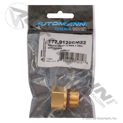 Brass Adapter M22x1.5 Male O-Ring x 3/8in NPT Female - Freightliner PH222P6MI22 Mack 6635222P6MI22 177.9120CM22 177.9120CM22 - Automann - FLEETPRO PARTS & TIRES