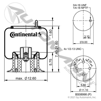 OE Continental Rolling Lobe Air Spring - Plastic Base Trailer Air Ride - 64634 Firestone 9299 566.CT64634 566.CT64634 - Continental - FLEETPRO PARTS & TIRES