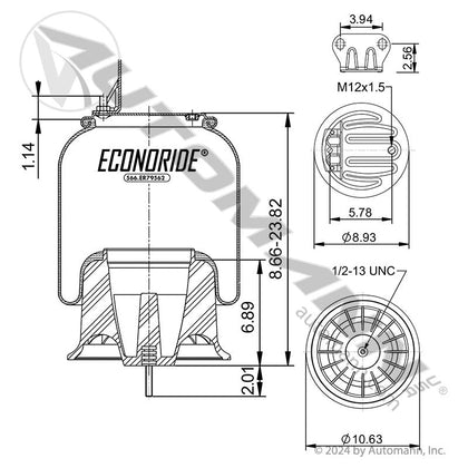 Econoride Rolling Lobe Air Spring - Metric Inlet W-Spyder Top Plate - Freightliner Cascadia M2 SD - 566ER79562 566.ER79562 566.ER79562 - Econoride - FLEETPRO PARTS & TIRES