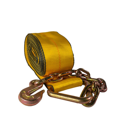 Winch Strap (4" x 30') with Chain Anchor โ Heavy - Duty Yellow Tie - Down โ 6,670 lb WLL FL007 - FleetPro - FLEETPRO PARTS & TIRES
