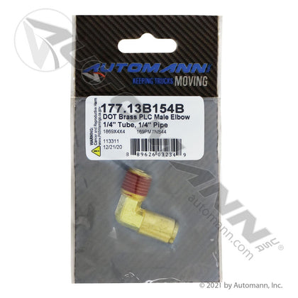 Brass PLC Male Elbow 90 Degree - DOT 1/4in Tube x 1/4in Pipe Air Brake Fitting - Replaces Eaton 1869X4X4 Parker 169PMTNS44 177.13B154B