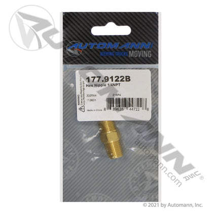 Brass Hex Nipple - Two 1/4in Male NPT Ends - Eaton 3325X4 Parker 216P4 177.9122B