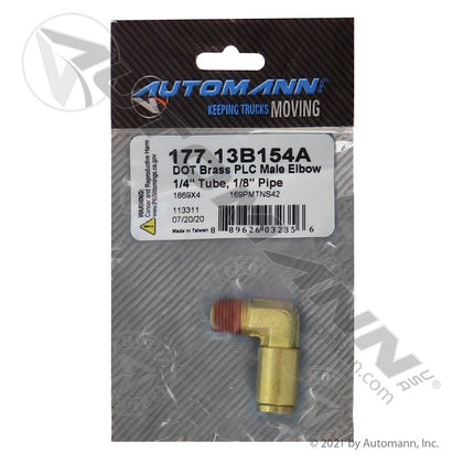 Brass PLC Male Elbow 90 Degree - DOT 1/4in Tube x 1/8in NPT Air Brake Fitting - Replaces Eaton 1869X4 Parker 169PMTNS42 177.13B154A 177.13B154A - Automann - FLEETPRO PARTS & TIRES