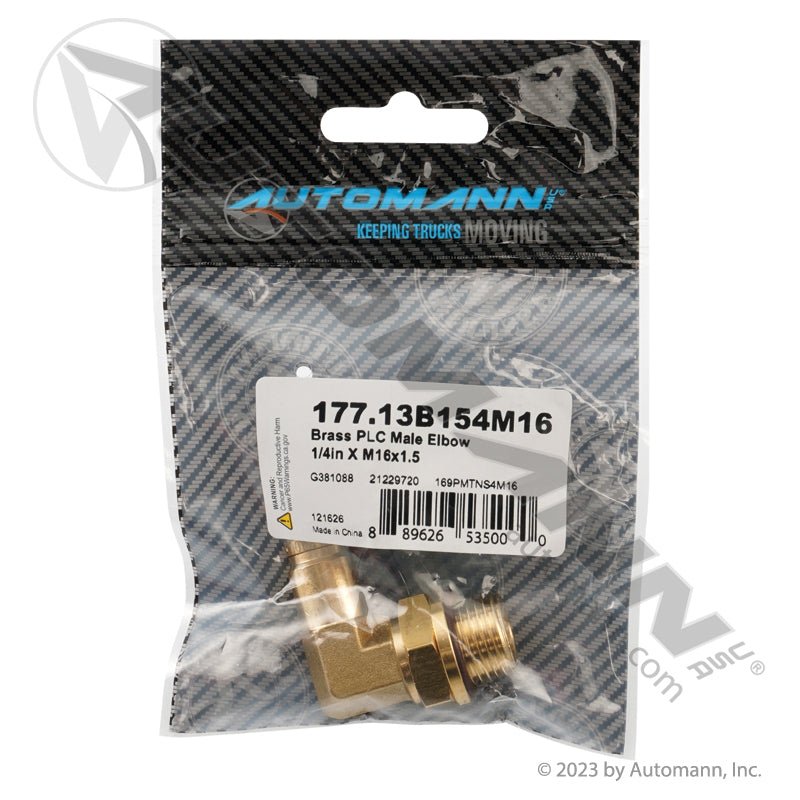 Brass PLC Male Elbow 90 Degree - DOT 1/4in Tube x M16x1.5 Air Brake Fitting - Mack 63AM165 Paccar G38-1088 177.13B154M16 177.13B154M16 - Automann - FLEETPRO PARTS & TIRES