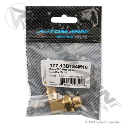 Brass PLC Male Elbow 90 Degree - DOT 1/4in Tube x M16x1.5 Air Brake Fitting - Mack 63AM165 Paccar G38-1088 177.13B154M16 177.13B154M16 - Automann - FLEETPRO PARTS & TIRES