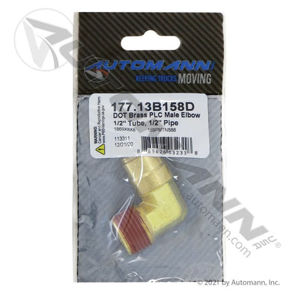Brass Push-Lock Male Elbow - 1/2" Tube x 1/2" Pipe 90 Degree DOT Air Brake Fitting - Replaces Eaton 1869X8X8 Parker 169PMTNS88 177.13B158D 177.13B158D - Automann - FLEETPRO PARTS & TIRES