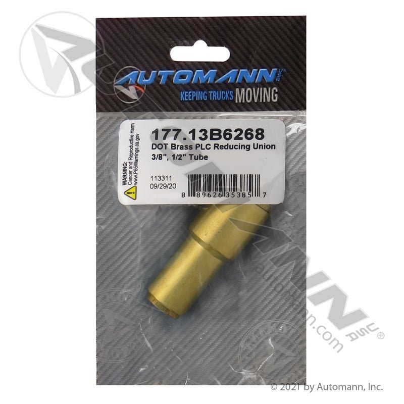 Brass Push-Lock Reducing Union - 1/2" to 3/8" DOT Air Brake Tubing Coupling - Replaces Gates G31400-0806 8AB-6AB 177.13B6268 177.13B6268 - Automann - FLEETPRO PARTS & TIRES