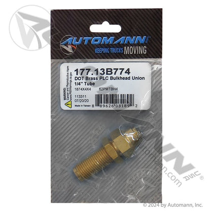 Brass Push-Lock Bulkhead Union - 1/4" DOT Nylon Air Brake Tubing - Replaces Parker 62PMTBH-4 Gates G31300-0404 177.13B62BH4 177.13B62BH4 - Automann - FLEETPRO PARTS & TIRES
