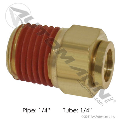 Brass Push-Lock Male Connector - 1/4" Tube x 1/4" NPT DOT Air Brake Fitting - Eaton 1868X4X4 Tectran PL13684B 177.13B684B 177.13B684B - Automann - FLEETPRO PARTS & TIRES