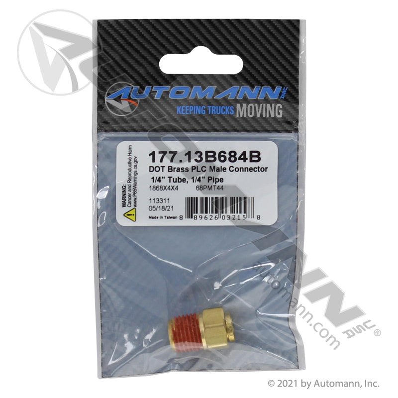 Brass Push-Lock Male Connector - 1/4" Tube x 1/4" NPT DOT Air Brake Fitting - Eaton 1868X4X4 Tectran PL13684B 177.13B684B 177.13B684B - Automann - FLEETPRO PARTS & TIRES