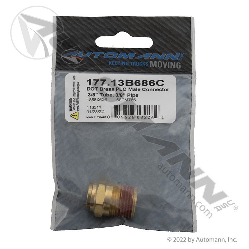 Brass Push-Lock Male Connector - 3/8" Tube x 3/8" NPT DOT Air Brake Fitting - Eaton 1868X6X6 Tectran PL13686C 177.13B686C 177.13B686C - Automann - FLEETPRO PARTS & TIRES