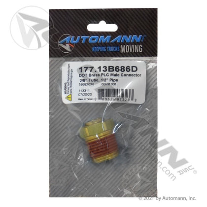 Brass Push-Lock Male Connector - 3/8" Tube x 1/2" Pipe DOT Air Brake Fitting - Eaton 1868X6X8 Tectran PL13686D 177.13B686D 177.13B686D - Automann - FLEETPRO PARTS & TIRES