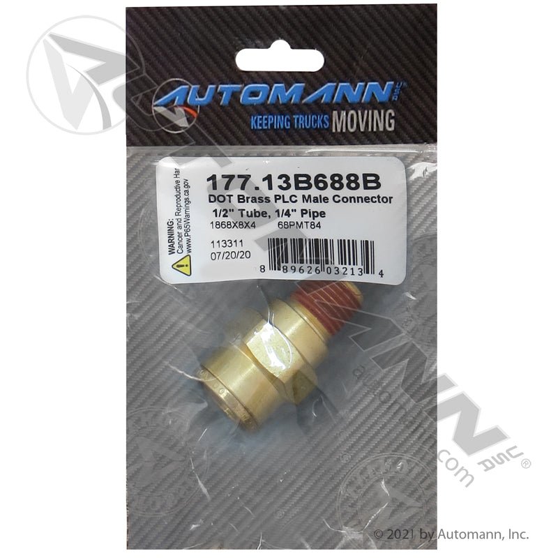 Brass Push-to-Connect (PLC) Male Connector - 1/2" Tube x 1/4" NPT DOT Air Brake Fitting 177.13B688B 177.13B688B - Automann - FLEETPRO PARTS & TIRES