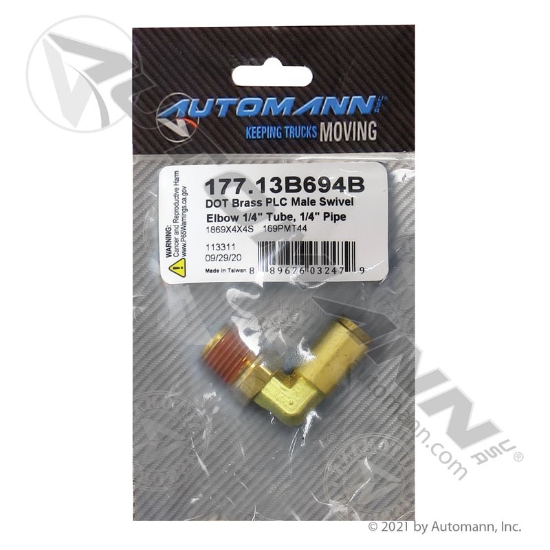 Brass Push-to-Connect (PLC) Swivel Male Elbow - 1/4" Tube x 1/4" NPT 90 Degree - Eaton 1869X4X4S Tectran PL13694B 177.13B694B 177.13B694B - Automann - FLEETPRO PARTS & TIRES