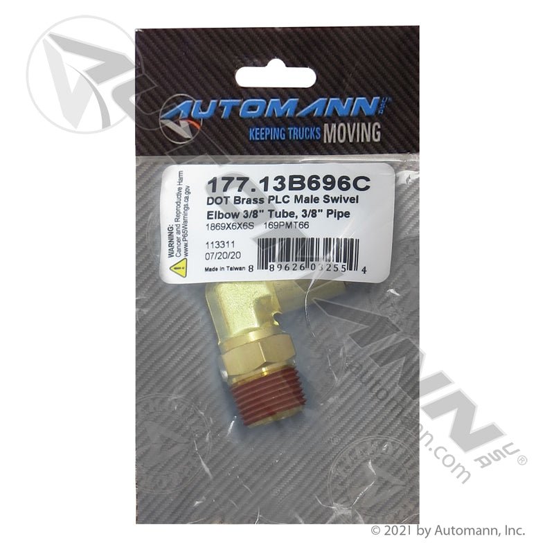Brass Push-to-Connect (PLC) Male Swivel Elbow 90 Degree - 3/8" Tube x 3/8" NPT - Eaton 1869X6X6S Parker 169PMT66 177.13B696C 177.13B696C - Automann - FLEETPRO PARTS & TIRES
