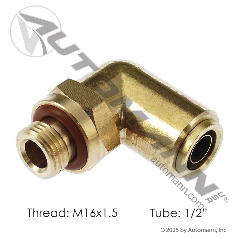 Brass Push-Lock Male Swivel Elbow - 1/2in Tube x M16 x 1.5 Metric Thread - Volvo 20515114 Parker 169PTCNSL-8-M16 177.13B698M16 177.13B698M16 - Automann - FLEETPRO PARTS & TIRES