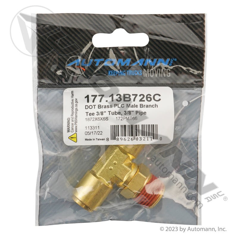 Brass Push-Lock Male Branch Tee - Two 3/8in Tube Ends x 3/8in Swivel Pipe - Eaton 1872X6X6S Sloan S272PMT-6-6 177.13B726C 177.13B726C - Automann - FLEETPRO PARTS & TIRES