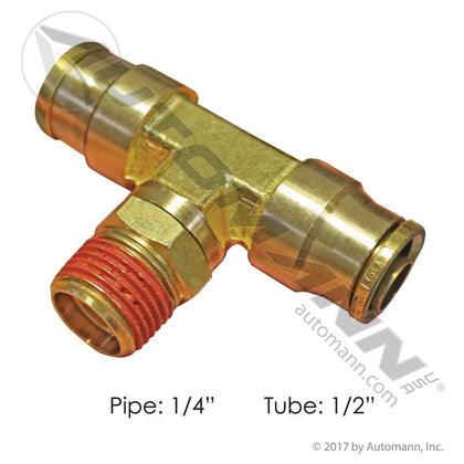 Brass Push-Lock Male Branch Tee - Two 1/2in Tube Ends x 1/4in NPT Male Swivel Air Brake Fitting 177.13B728B 177.13B728B - Automann - FLEETPRO PARTS & TIRES
