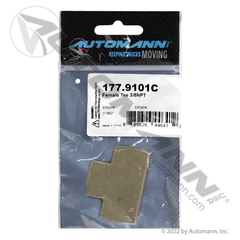Brass Female Tee - 3/8in NPT Air Line Fitting - Replaces Eaton 3700X6 Parker 2203P6 177.9101C 177.9101C - Automann - FLEETPRO PARTS & TIRES
