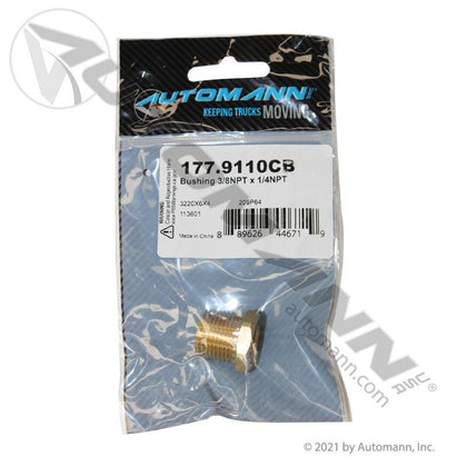 Brass Reducer Bushing - 3/8in NPT Male x 1/4in NPT Female Air Line Fitting - Replaces Eaton 3220X6X4 Parker 209P64 177.9110CB 177.9110CB - Automann - FLEETPRO PARTS & TIRES