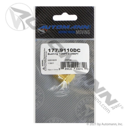 Brass Reducer Bushing - 1/2in NPT Male x 3/8in NPT Female DOT Air Brake Fitting - Replaces Eaton 3220X8X6 Parker 209P86 177.9110DC 177.9110DC - Automann - FLEETPRO PARTS & TIRES