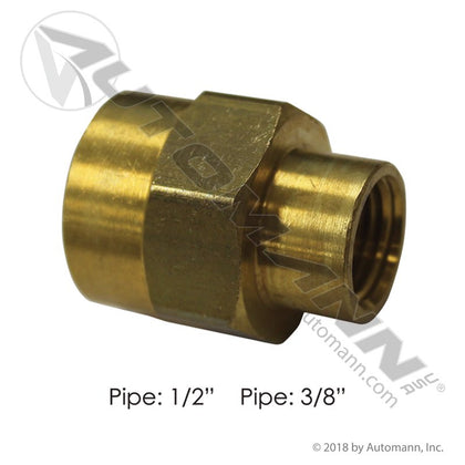 Brass Reducer Coupling - 1/2" NPT x 3/8" NPT Female Air Line Fitting - Replaces Eaton 3300X8X6 Parker 208P86 177.9119DC 177.9119DC - Automann - FLEETPRO PARTS & TIRES