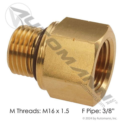Brass Adapter M16x1.5 Male O-Ring x 3/8in NPT Female - Freightliner PH222P6MI16 Mack 6635222P6MI16 177.9120CM16 177.9120CM16 - Automann - FLEETPRO PARTS & TIRES