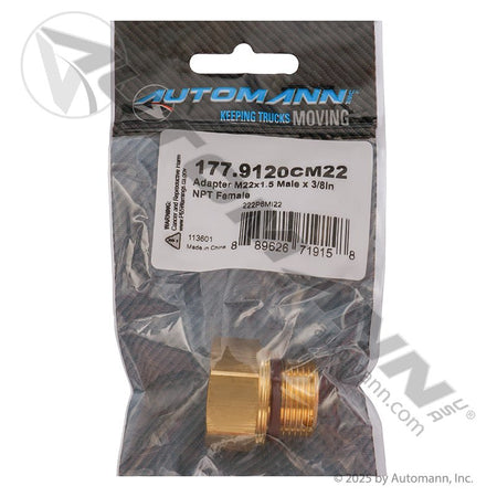 Brass Adapter M22x1.5 Male O-Ring x 3/8in NPT Female - Freightliner PH222P6MI22 Mack 6635222P6MI22 177.9120CM22 177.9120CM22 - Automann - FLEETPRO PARTS & TIRES