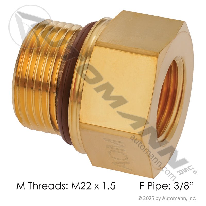 Brass Adapter M22x1.5 Male O-Ring x 3/8in NPT Female - Freightliner PH222P6MI22 Mack 6635222P6MI22 177.9120CM22 177.9120CM22 - Automann - FLEETPRO PARTS & TIRES