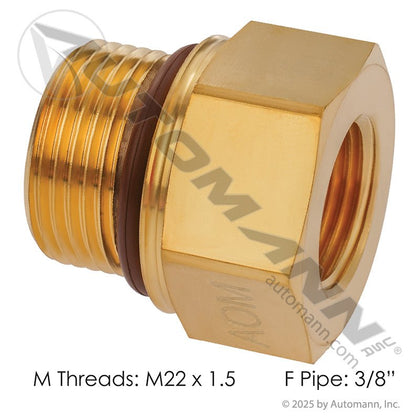 Brass Adapter M22x1.5 Male O-Ring x 3/8in NPT Female - Freightliner PH222P6MI22 Mack 6635222P6MI22 177.9120CM22 177.9120CM22 - Automann - FLEETPRO PARTS & TIRES