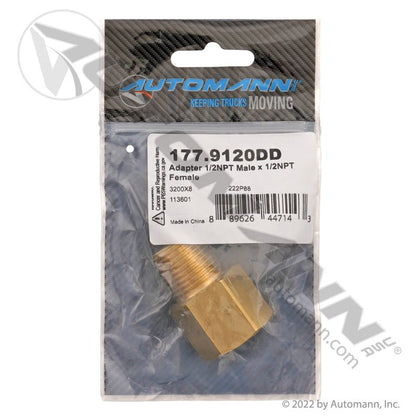 Brass Adapter - 1/2" NPT Male x 1/2" NPT Female Air Line Fitting - Replaces Eaton 3200X8 Parker 222P88 177.9120DD 177.9120DD - Automann - FLEETPRO PARTS & TIRES