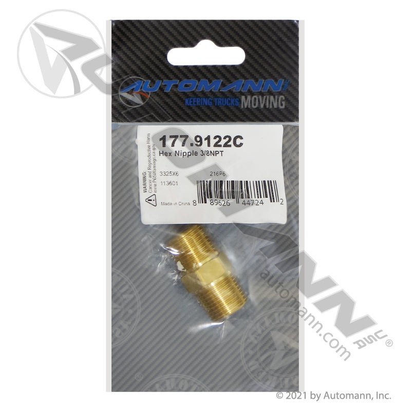 Brass Hex Nipple - Two 3/8in Male NPT Ends - DOT Air Brake Fitting - Eaton 3325X6 177.9122C 177.9122C - Automann - FLEETPRO PARTS & TIRES