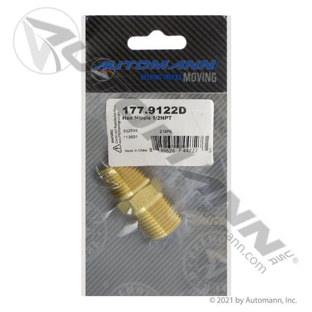 Brass Hex Nipple - Two 1/2in Male NPT Ends - Eaton 3325X8 Parker 216P8 177.9122D 177.9122D - Automann - FLEETPRO PARTS & TIRES