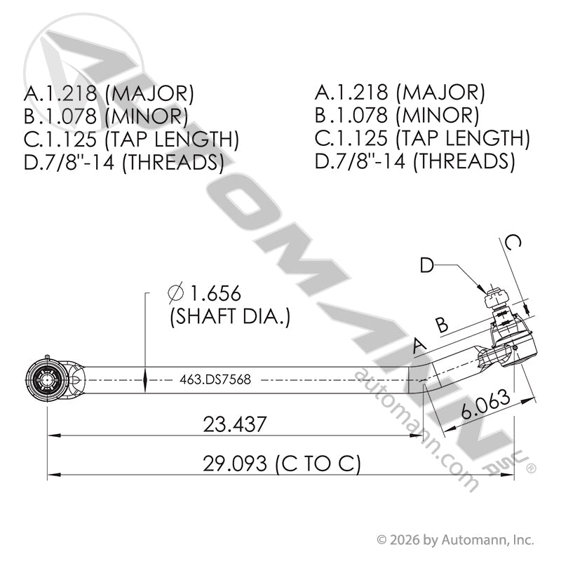 Drag Link Steering Linkage - 29.093in Center to Center - Kenworth T680 Peterbilt 579 J20-6068 463.DS7568 463.DS7568 - Automann - FLEETPRO PARTS & TIRES