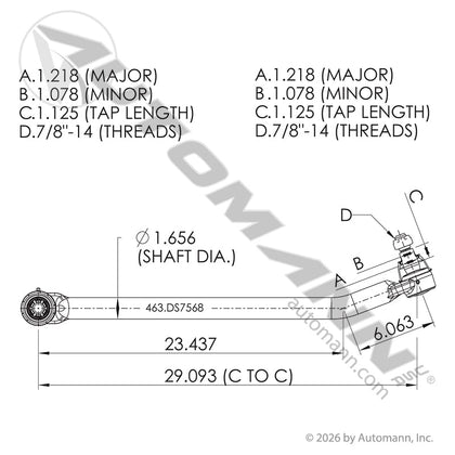Drag Link Steering Linkage - 29.093in Center to Center - Kenworth T680 Peterbilt 579 J20-6068 463.DS7568 463.DS7568 - Automann - FLEETPRO PARTS & TIRES