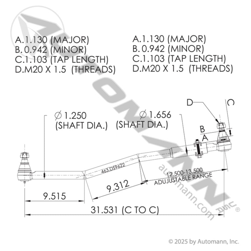 Drag Link Volvo Heavy Duty - 33.000" Center - to - Center 85128559 463.DS9622 463.DS9622 - Automann - FLEETPRO PARTS & TIRES