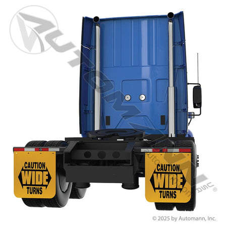 Mud Flap "CAUTION WIDE TURNS" Yellow Poly - 24 x 24 in Safety Flap - Buyers B2424YC 562.142424YC 562.142424YC - Automann - FLEETPRO PARTS & TIRES