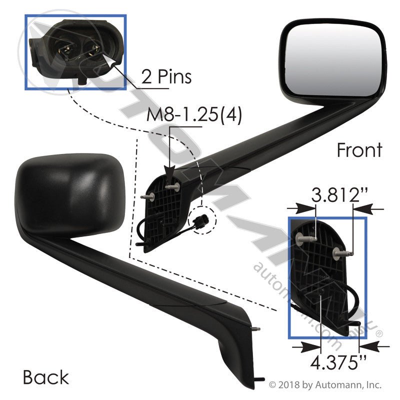 New Cascadia Hood Mount Mirror (2018 - 2026) - Heated Passenger Side - Replaces A2273566001 563.46092 - Automann - FLEETPRO PARTS & TIRES