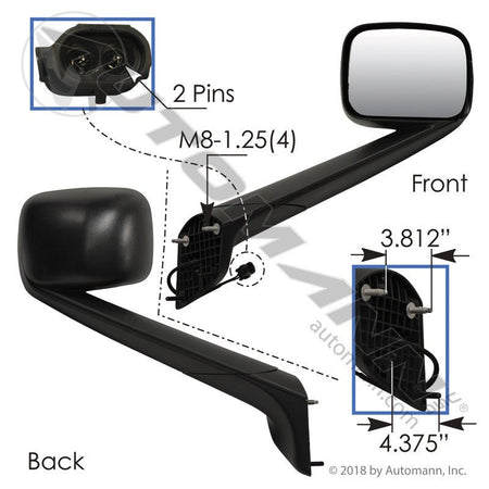 New Cascadia Hood Mount Mirror (2018 - 2026) - Heated Passenger Side - Replaces A2273566001 563.46092 - Automann - FLEETPRO PARTS & TIRES