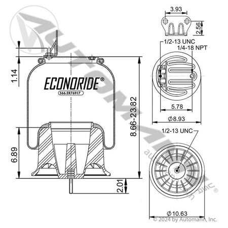 Freightliner Cascadia Air Spring – Econoride Rolling Lobe – Replaces A16 - 21077 - 001 566.ER76917 - Econoride - FLEETPRO PARTS & TIRES