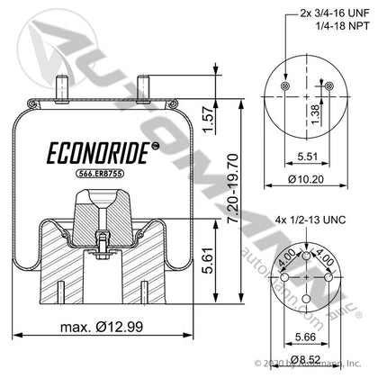 Econoride Rolling Lobe Air Spring - Steel Base Hendrickson Trailer - 8755 1R13-124 566.ER8755S 566.ER8755S - Econoride - FLEETPRO PARTS & TIRES