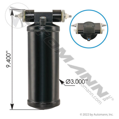 A/C Receiver Drier - 3in x 9.25in Pad Inlet/Outlet for Volvo VNL & Mack - Volvo 82771584 MEI 7635 830.41097 830.41097 - Automann - FLEETPRO PARTS & TIRES