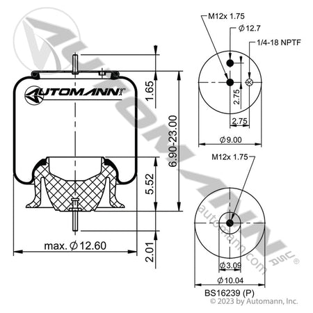 Volvo VNL Rolling Lobe Air Spring – Phoenix Plastic Base – Replaces 21132005 AB1DF23H-P1206 - Automann - FLEETPRO PARTS & TIRES