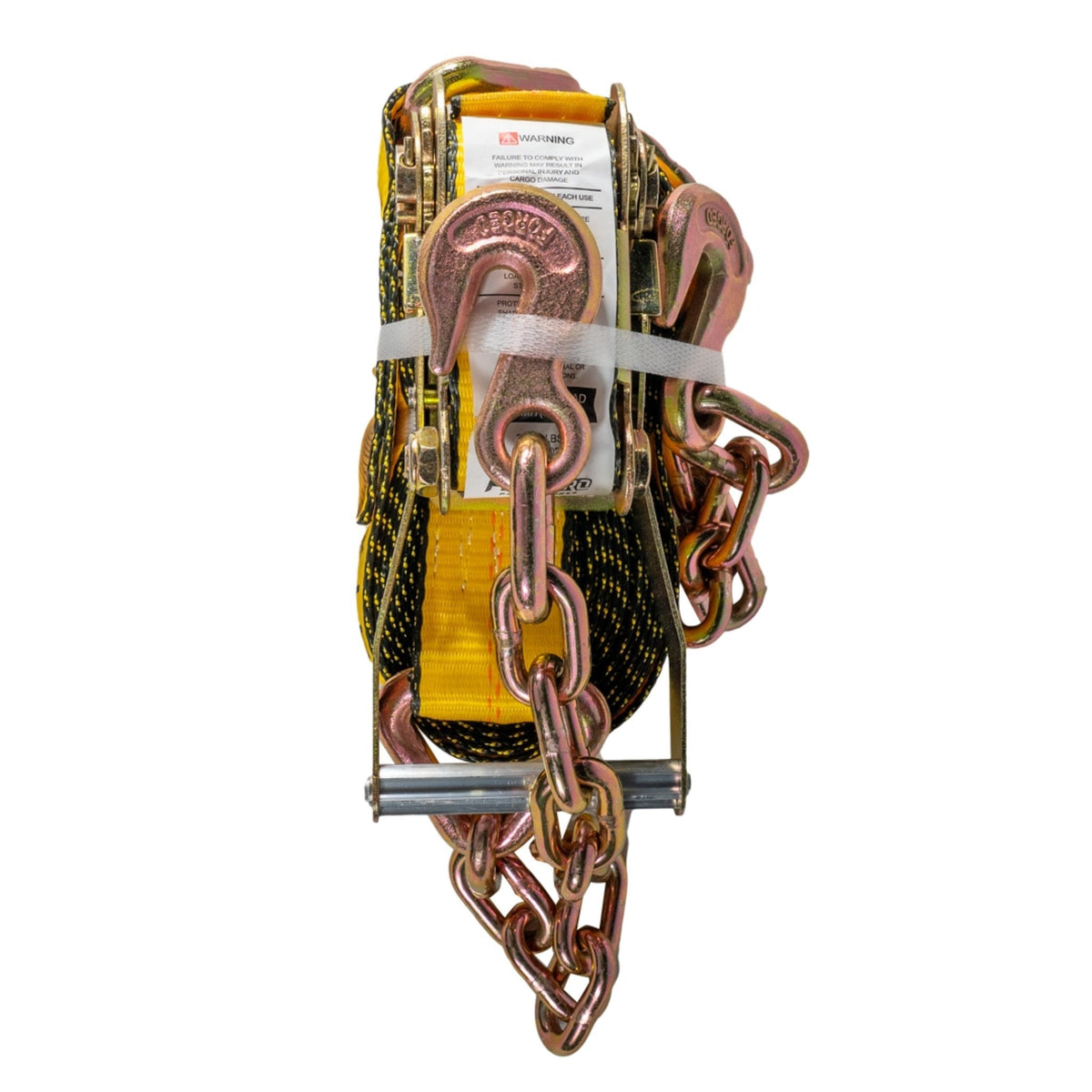 Ratchet Strap (2" x 30') with Chain Anchor – Heavy - Duty Yellow Webbing – 3,333 lb WLL FL004 - FleetPro - FLEETPRO PARTS & TIRES