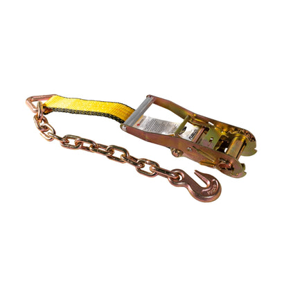 Ratchet Strap (2" x 30') with Chain Anchor – Heavy - Duty Yellow Webbing – 3,333 lb WLL FL004 - FleetPro - FLEETPRO PARTS & TIRES
