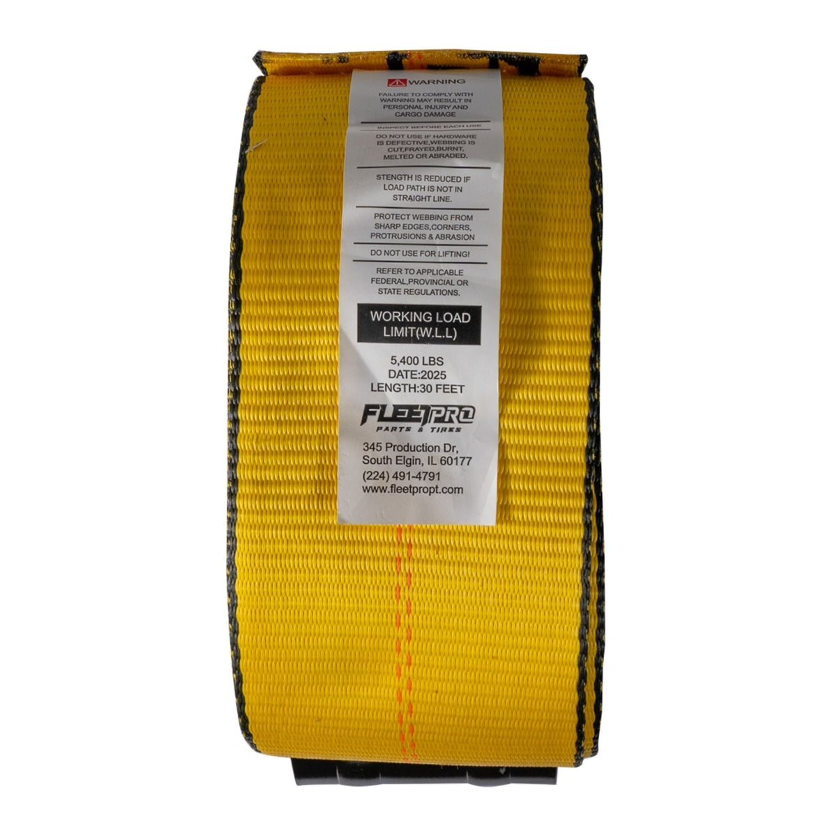Winch Strap (4" x 30') with Flat Hook – Heavy - Duty Yellow Webbing – 5,400 lb WLL – DOT Approved FL005 - FleetPro - FLEETPRO PARTS & TIRES